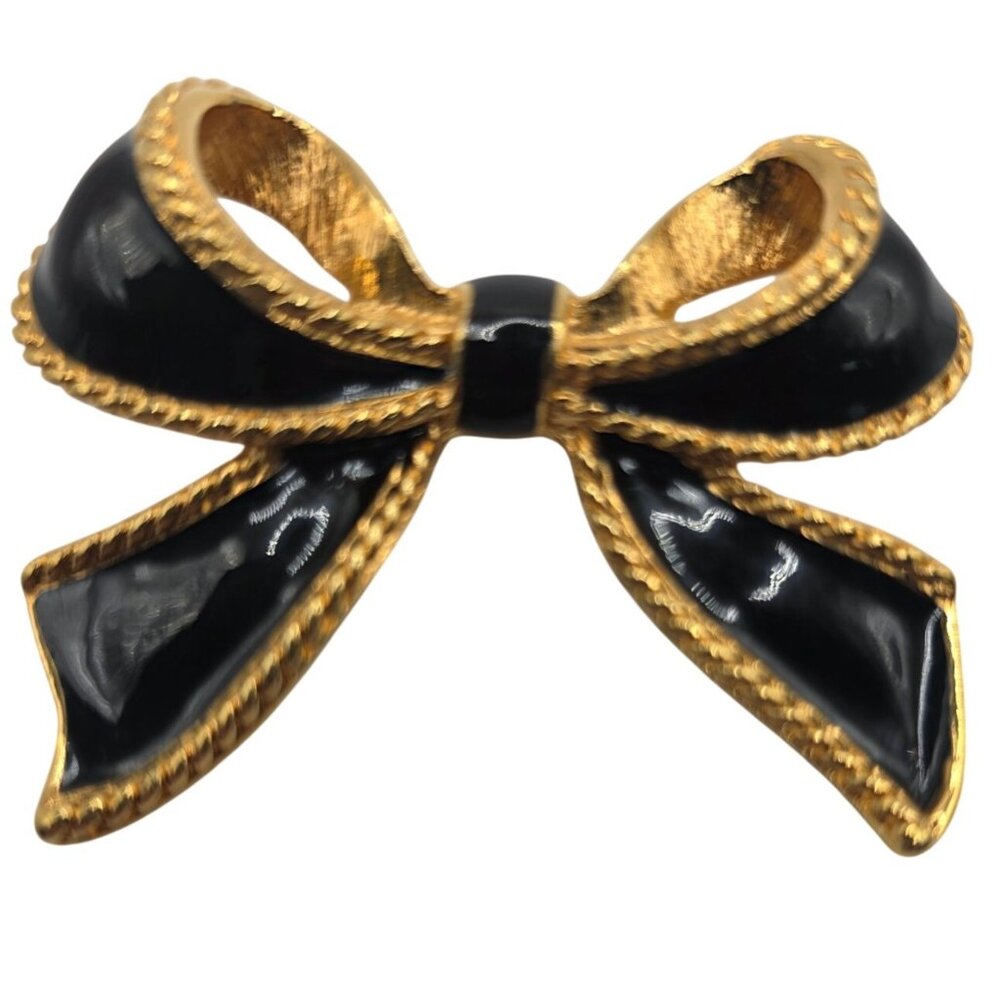 Vtg K.J.L For Avon Black Gold Bow necklace enhancer pendant scarf clip